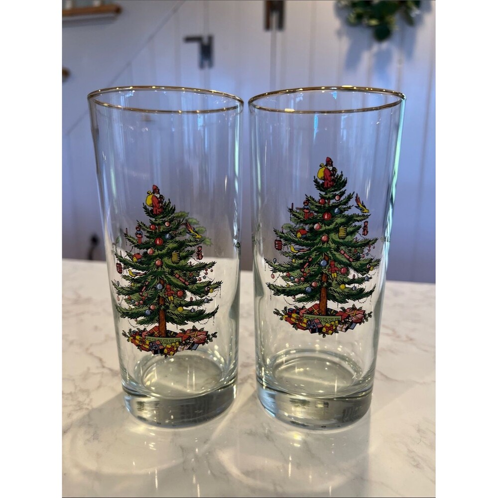 Spode Holiday Christmas Tree Highball Glasses with Gold Rim - Set of 2